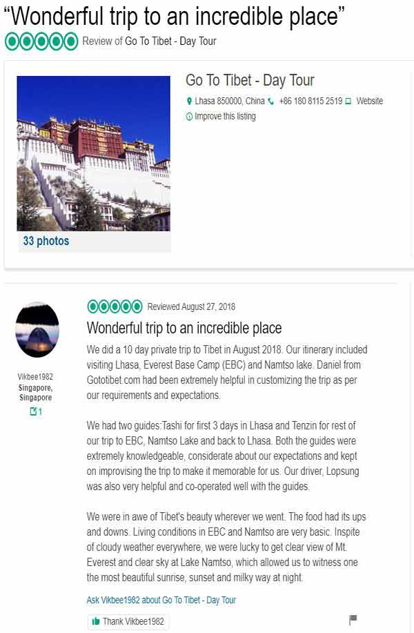 Tibet Tour Feedback from TripAdvisor